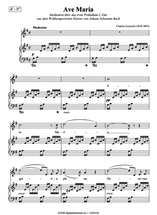 Ave Maria hoch (d - h ) (Klavier  Gesang) von Charles Gounod (1818-1893)