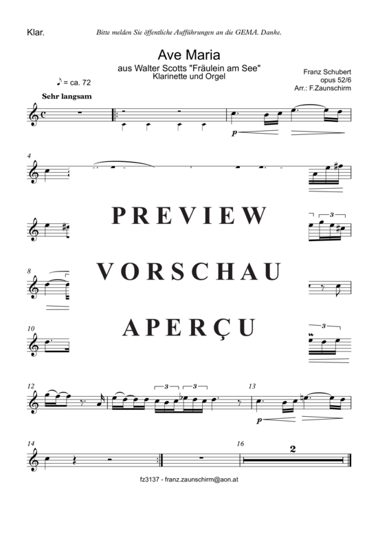 Ave Maria (Klarinette in B Solo + Orgel-Playback) (Orgel  Klarinette) von Franz Schubert (Zaunschirm)