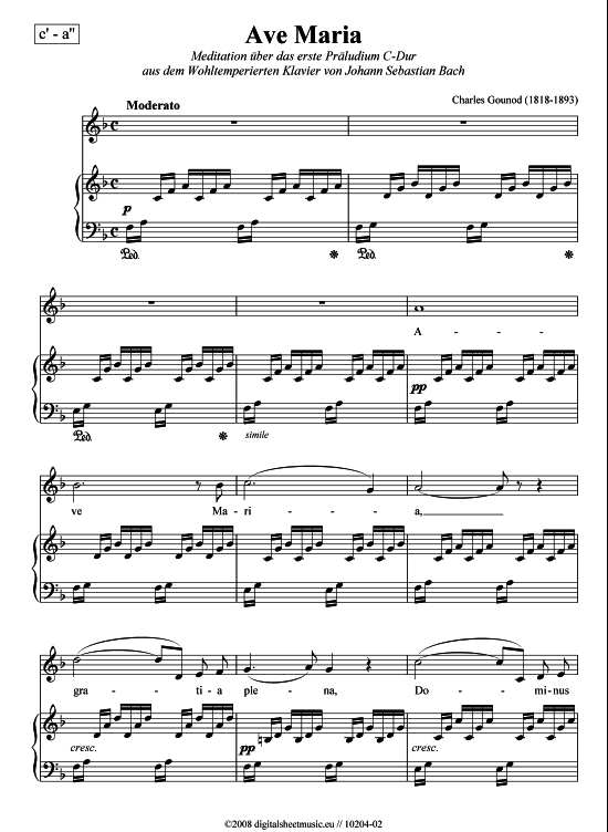 Ave Maria mittel (c - a ) (Klavier  Gesang) von Charles Gounod (1818-1893)