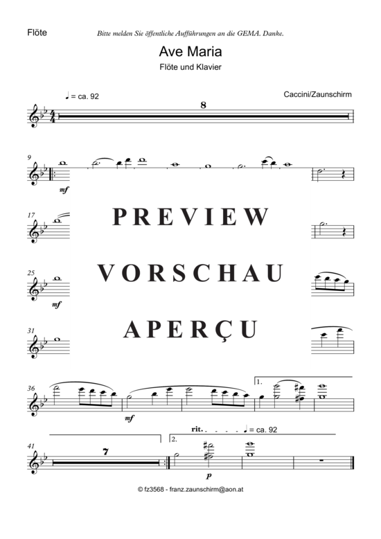 Ave Maria (Querfl ouml te Solo + Klavier-Playback) (Klavier  Querfl te) von Giulio Caccini (Zaunschirm)