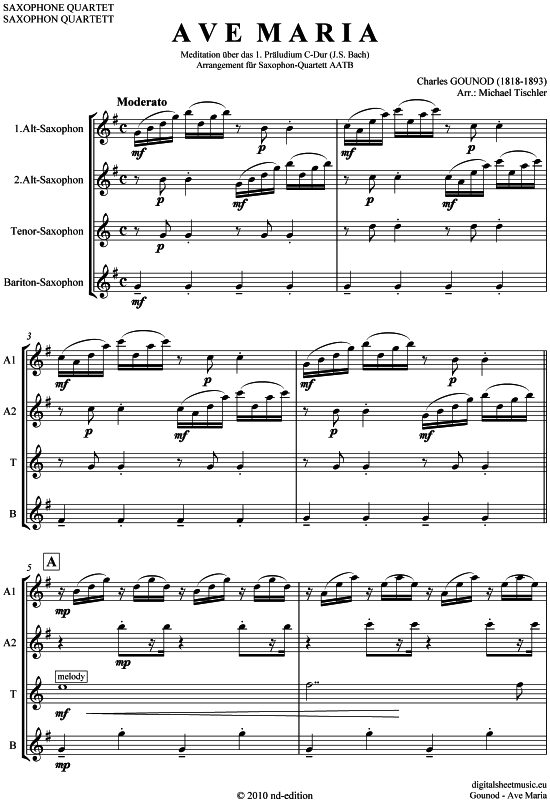 Ave Maria (Saxophon-Quartett AATB) (Quartett (Saxophon)) von Charles Gounod (1818-1893)