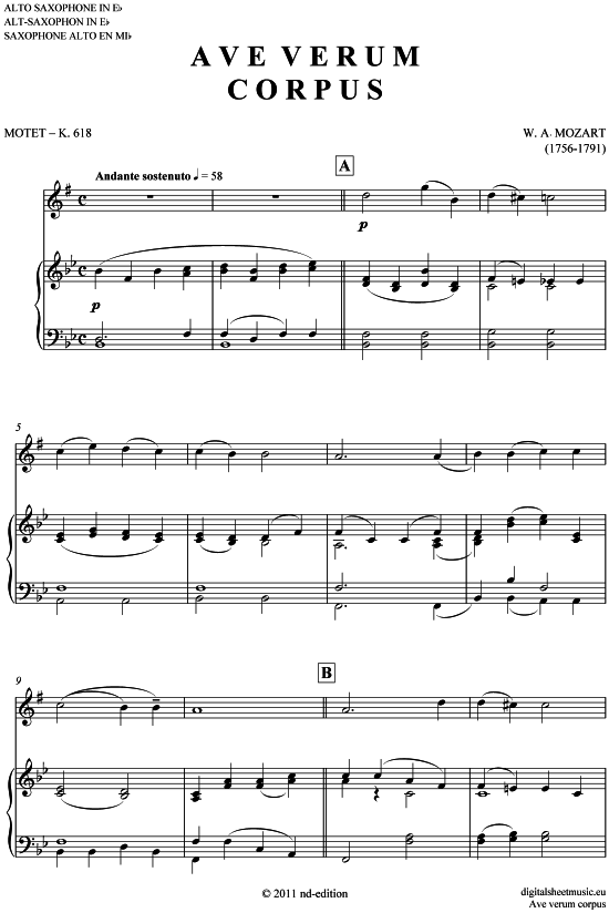 Ave verum corpus (Alt-Sax + Klavier) (Klavier  Alt Saxophon) von Wolfgang Amadeus Mozart (KV 618)