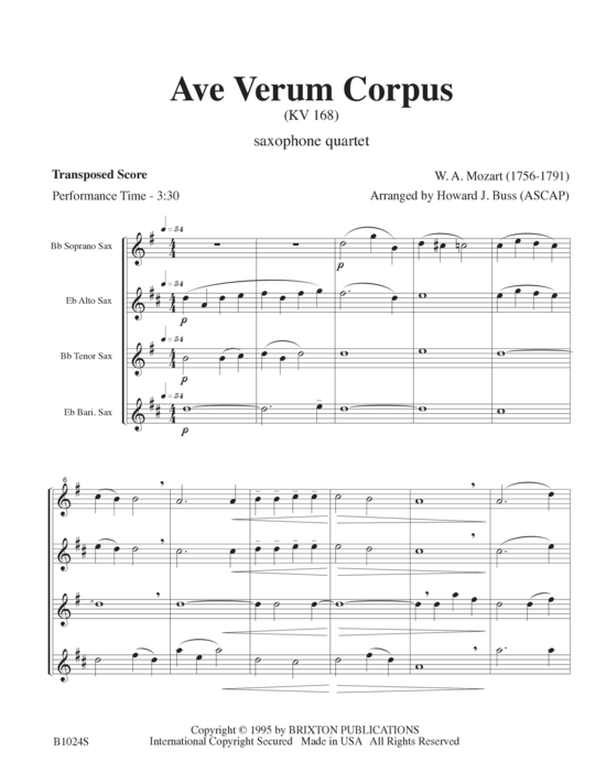Ave Verum Corpus (Saxophonquartett SATB) (Quartett (Saxophon)) von W. A. Mozart 