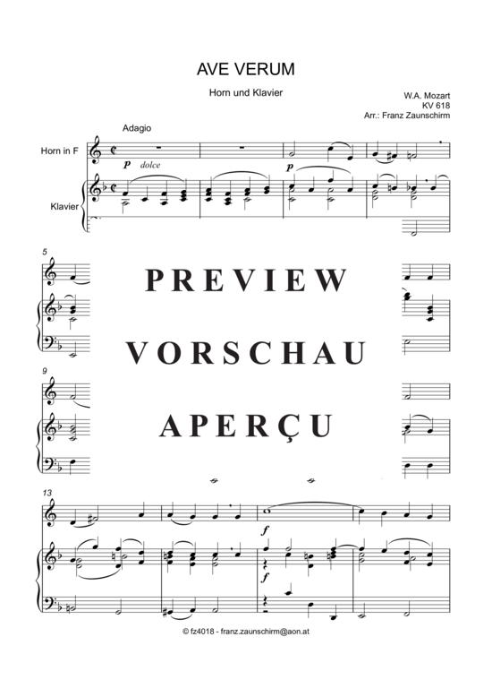 Ave verum (Horn in F + Klavier) (Klavier  Horn) von Wolfgang Amadeus Mozaert