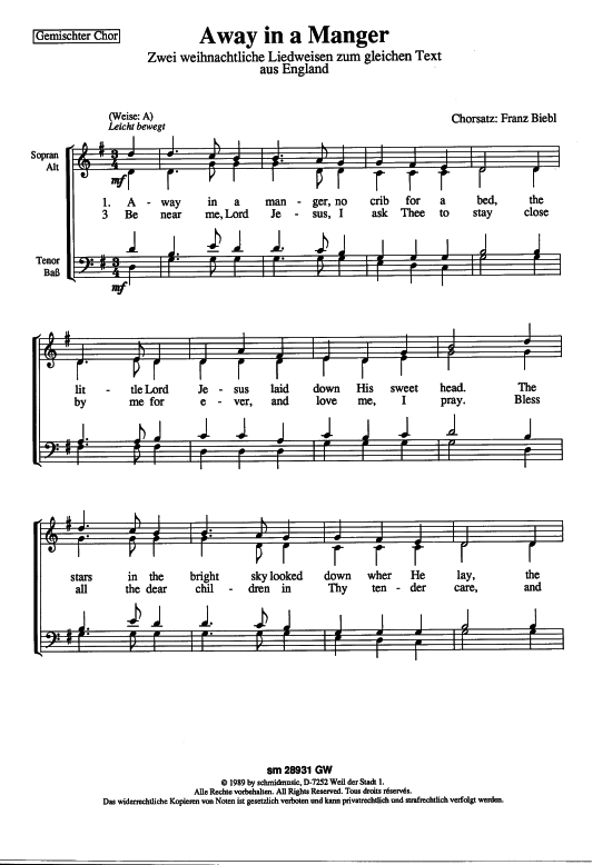 Away in a manger (Gemischter Chor) (Gemischter Chor) von Volksweise aus England (Satz Franz Biebl)