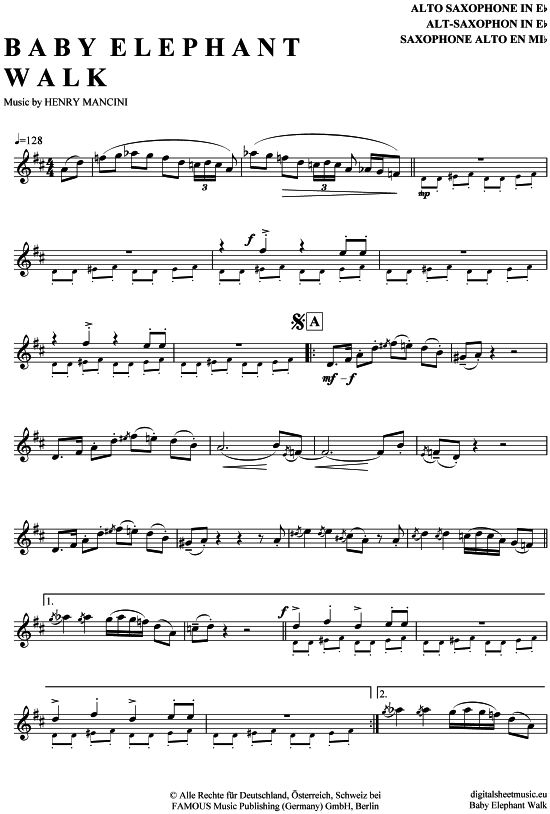 Baby Elephant Walk (Alt-Sax) (Alt Saxophon) von Henry Mancini (mit ausnotierten Soli)
