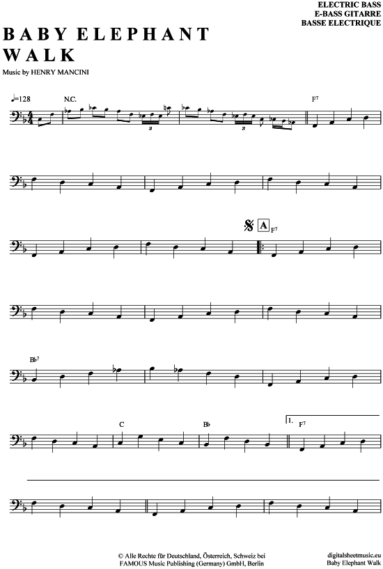 Baby Elephant Walk (E-Bass) (E Bass) von Henry Mancini