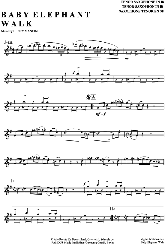 Baby Elephant Walk (Tenor-Sax) (Tenor Saxophon) von Henry Mancini (mit ausnotierten Soli)