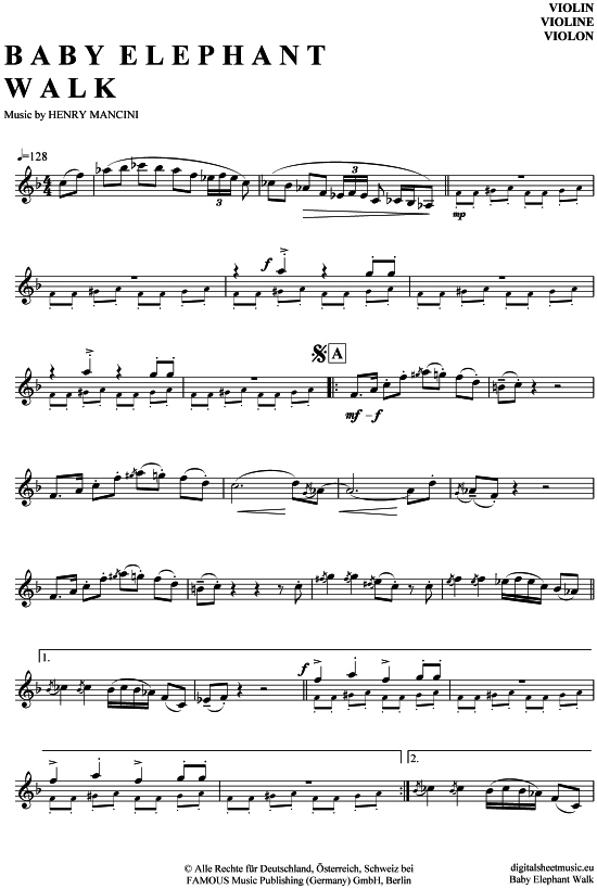 Baby Elephant Walk (Violine) (Violine) von Henry Mancini