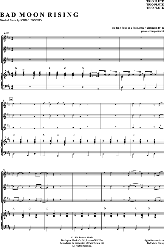 Bad Moon Rising (Fl ten Trio + Klavier) (Trio (Fl te)) von Creedence Clearwater Revival