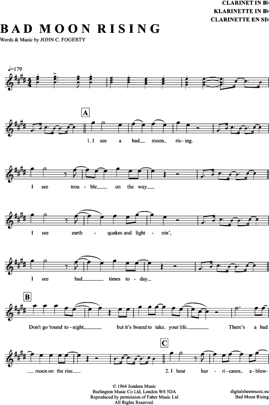 Bad Moon Rising (Klarinette in B) (Klarinette) von Creedence Clearwater Revival