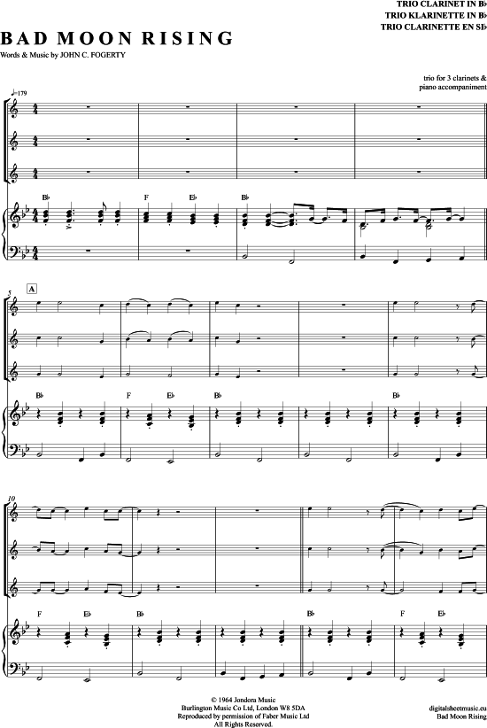 Bad Moon Rising (Klarinetten Trio + Klavier) (Trio (Klarinette)) von Creedence Clearwater Revival
