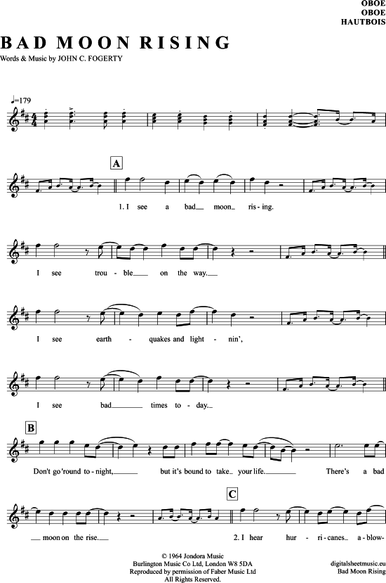 Bad Moon Rising (Oboe) (Oboe Fagott) von Creedence Clearwater Revival