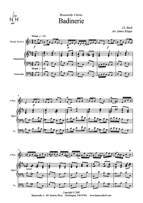 Badinerie in B-Moll (Piccolo-Tromp Cello + Cembalo) (Trio (Cembalo  2 St.)) von J. S. Bach