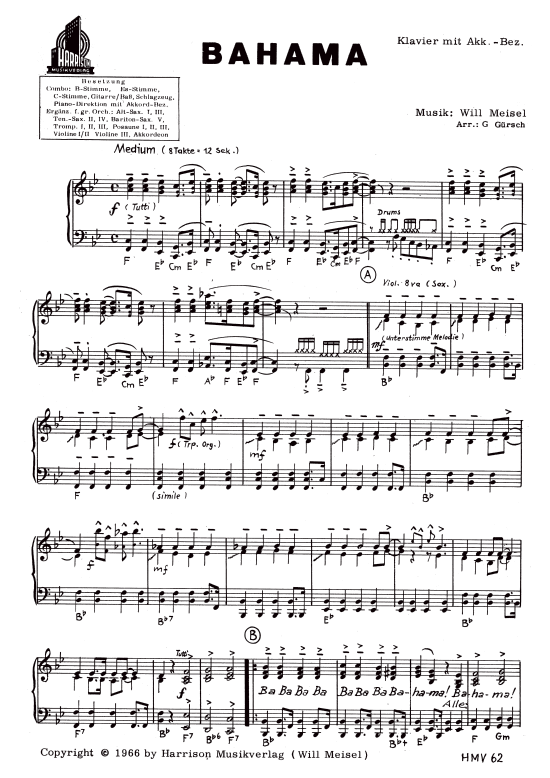 Bahama (Klavier + Gesang) (Klavier Gesang  Gitarre) von Will Meisel