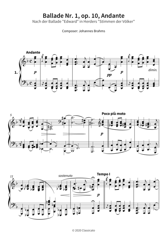 Ballade Nr. 1 op. 10 Andante - Nach der Ballade Edward in Herders Stimmen der V lker (Klavier Solo) (Klavier Solo) von Johannes Brahms