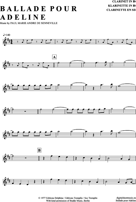 Ballade Pour Adeline (Klarinette in B) (Klarinette) von Richard Clayderman