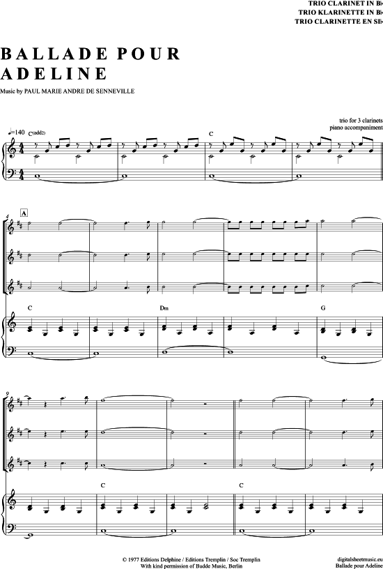 Ballade Pour Adeline (Klarinetten Trio + Klavier) (Trio (Klarinette)) von Richard Clayderman