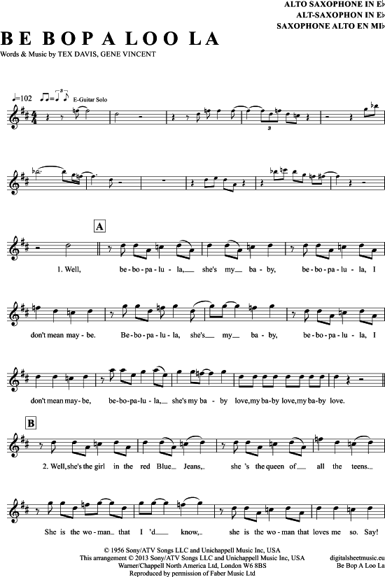 Be Bop A Lula (Alt-Sax) (Alt Saxophon) von Gene Vincent