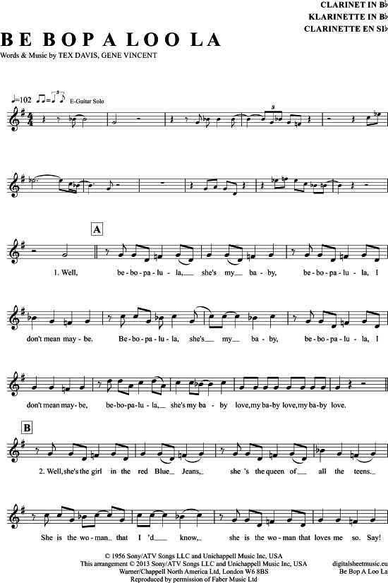 Be Bop A Lula (Klarinette in B) (Klarinette) von Gene Vincent