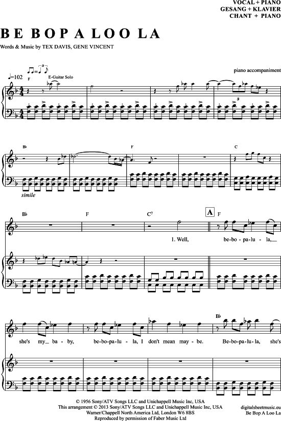 Be Bop A Lula (Klavier Begleitung + Gesang) (Klavier Gesang  Gitarre) von Gene Vincent