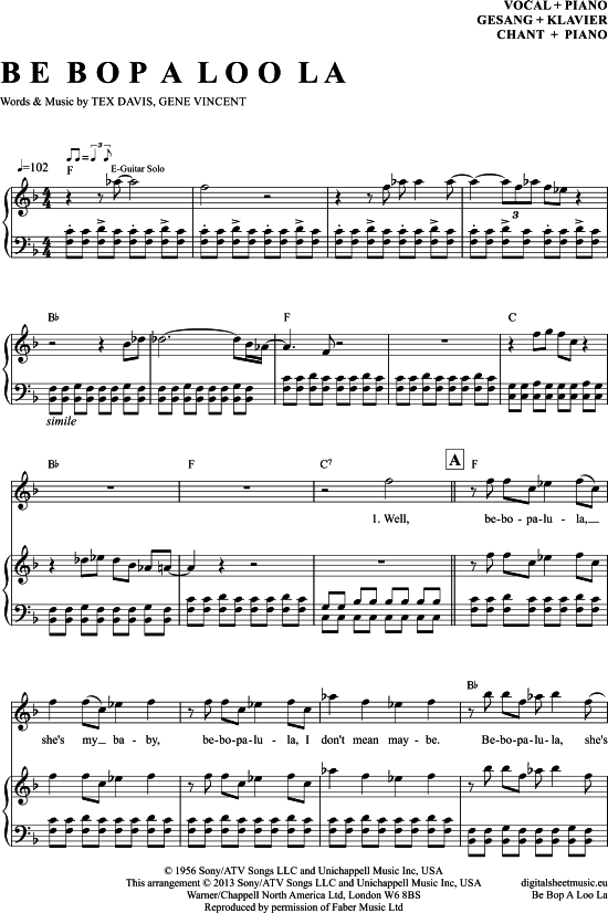 Be Bop A Lula (Klavier + Gesang) (Klavier Gesang  Gitarre) von Gene Vincent