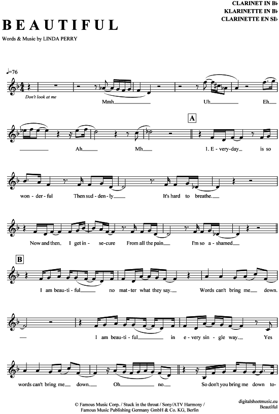 Beautiful (Klarinette in B) (Klarinette) von Christina Aguilera