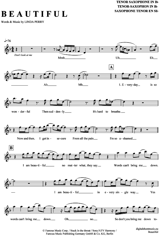 Beautiful (Tenor-Sax) (Tenor Saxophon) von Christina Aguilera