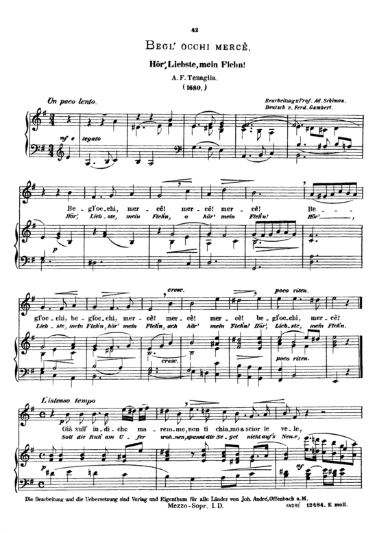 Begli occhi merc egrave  (Gesang mittel + Klavier) (Klavier  Gesang mittel) von Antonio France Tenaglia