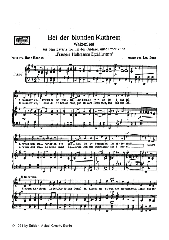 Bei der blonden Kathrein (Klavier + Gesang) (Klavier Gesang  Gitarre) von aus Fr auml ulein Hoffmanns Erz auml hlungen (Film)