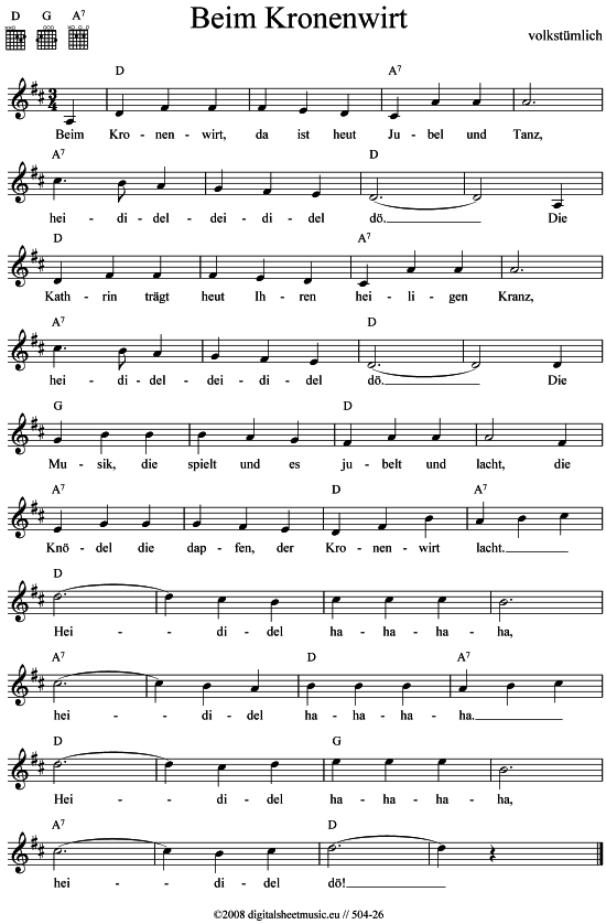 Beim Kronenwirt (Gesang  Akkorde) von Volkslied