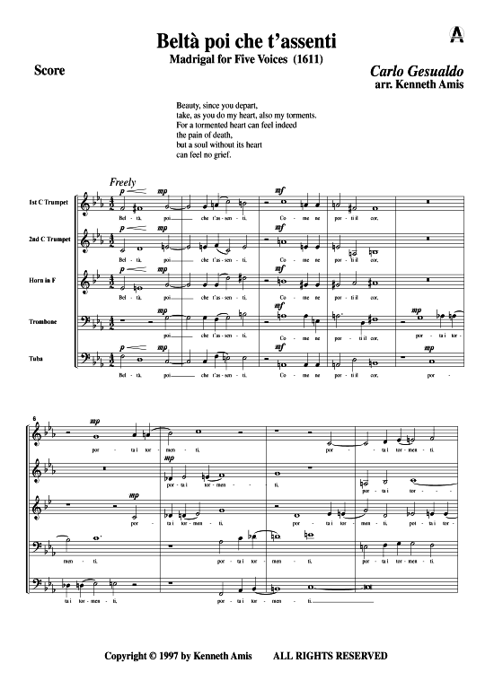 Belta poi che t assenti (Blechbl auml serquintett) (Quintett (Blech Brass)) von Carlo Gesualdo (Madrigale 1611)