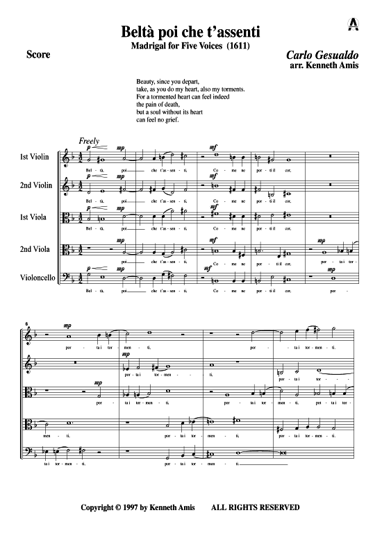 Belta poi che t assenti (Streichquintett) (Quintett (Streicher)) von Carlo Gesualdo (Madrigale 1611)