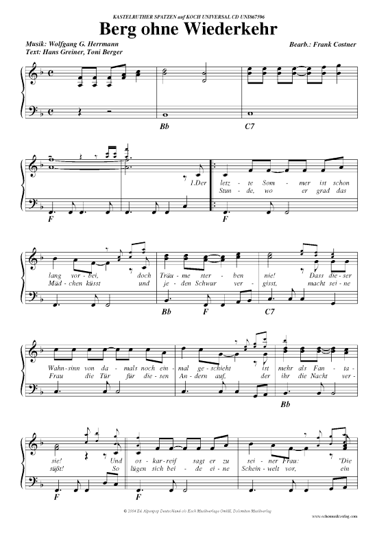 Berg ohne Wiederkehr (Klavier Gesang  Gitarre) von Kastelruther Spatzen