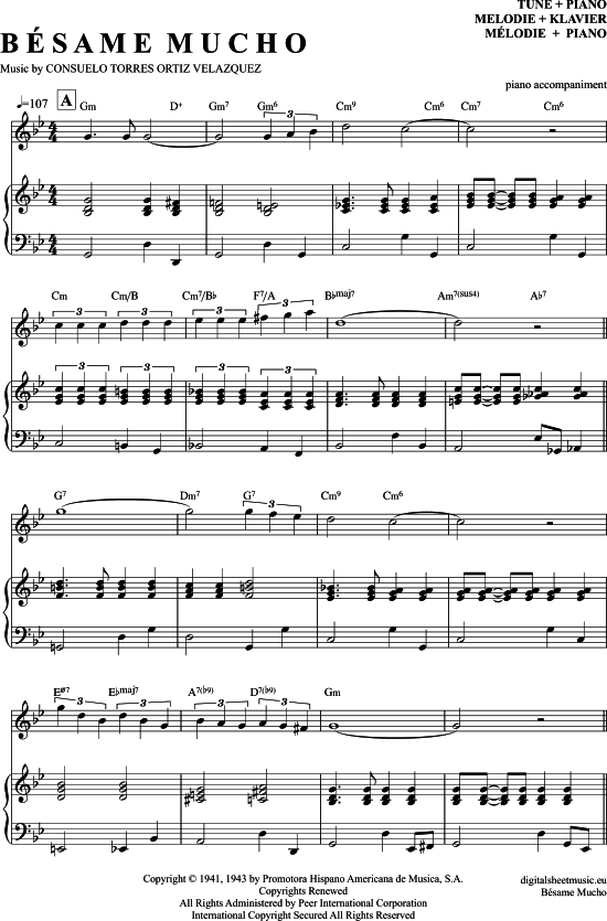 Besame Mucho (Klavier Begleitung + Gesang) (Klavier Gesang  Gitarre) von Bert Kaempfert