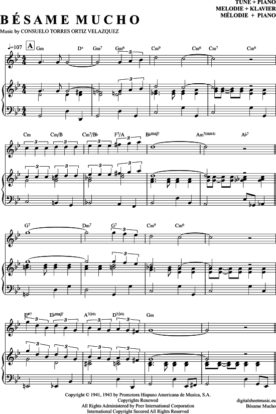 Besame Mucho (Klavier + Gesang) (Klavier Gesang  Gitarre) von Bert Kaempfert