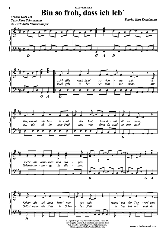 Bin so froh dass ich leb (Klavier + Gesang) (Klavier Gesang  Gitarre) von Klostertaler 