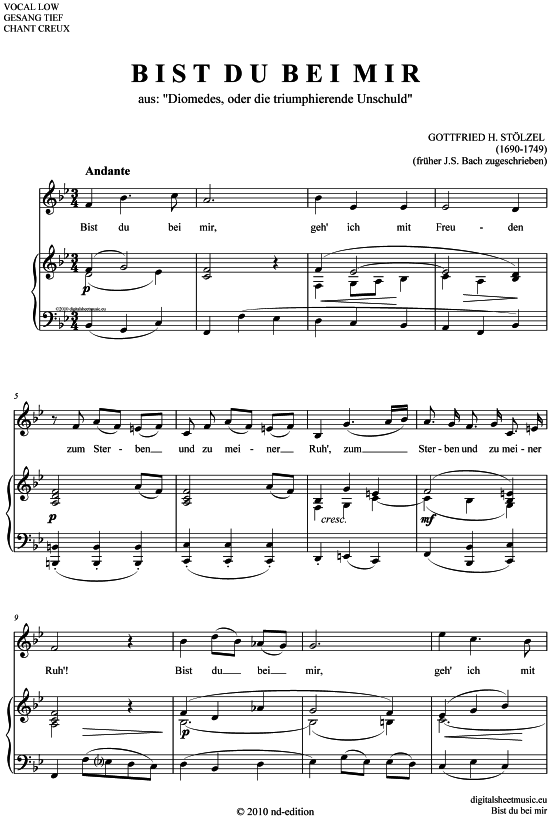 Bist du bei mir (tief B - Es ) (Klavier  Gesang) von Gottfried Heinrich St lzel (1690-1749)  fr her Bach zugeschrieben