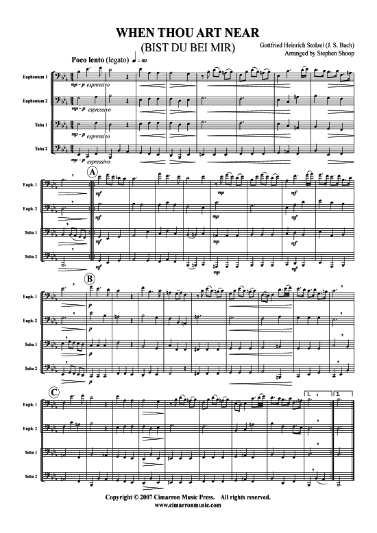 Bist Du Bei Mir (Tuba Quartett 2x Bariton 2xTuba) (Quartett (Tuba)) von G. H. St ouml lzel (J. S. Bach)