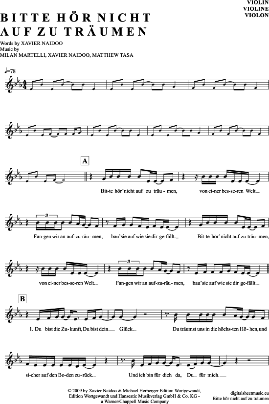 Bitte h ouml r nicht auf zu tr auml umen (Violine) (Violine) von Xavier Naidoo
