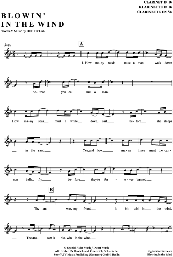 Blowin in the wind (Klarinette in B) (Klarinette) von Bob Dylan