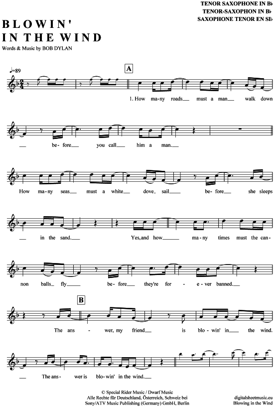 Blowin in the wind (Tenor-Sax) (Tenor Saxophon) von Bob Dylan