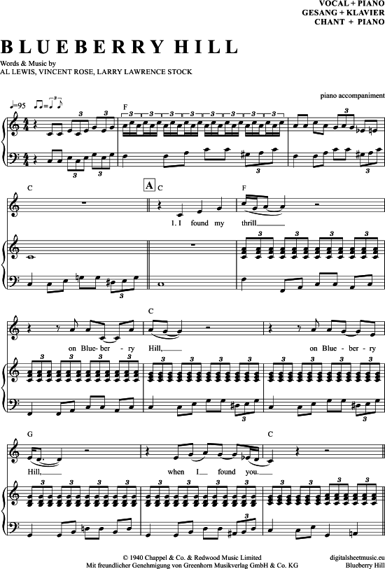 Blueberry Hill (Klavier Begleitung + Gesang) (Klavier Gesang  Gitarre) von Fats Domino
