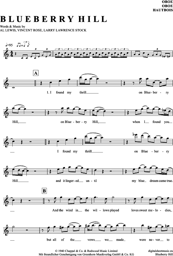 Blueberry Hill (Oboe) (Oboe Fagott) von Fats Domino
