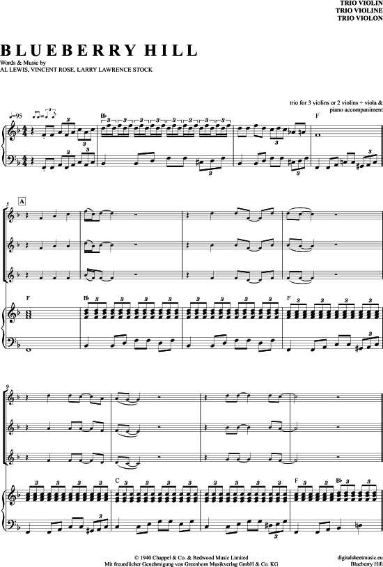 Blueberry Hill (Violinen Trio + Klavier) (Trio (Violine)) von Fats Domino