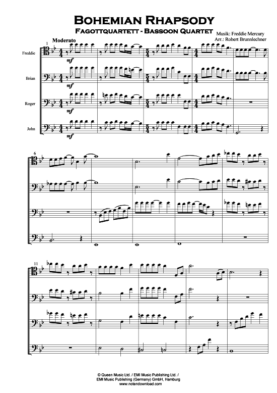 Bohemian Rhapsody (Fagottquartett) (Quartett (Fagott)) von Queen (arr. Robert Brunnlechner)