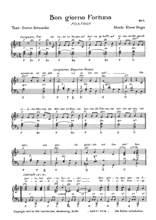 Bon giorno Fortuna (Klavier + Gesang) (Klavier Gesang  Gitarre) von Foxtrott (1963)
