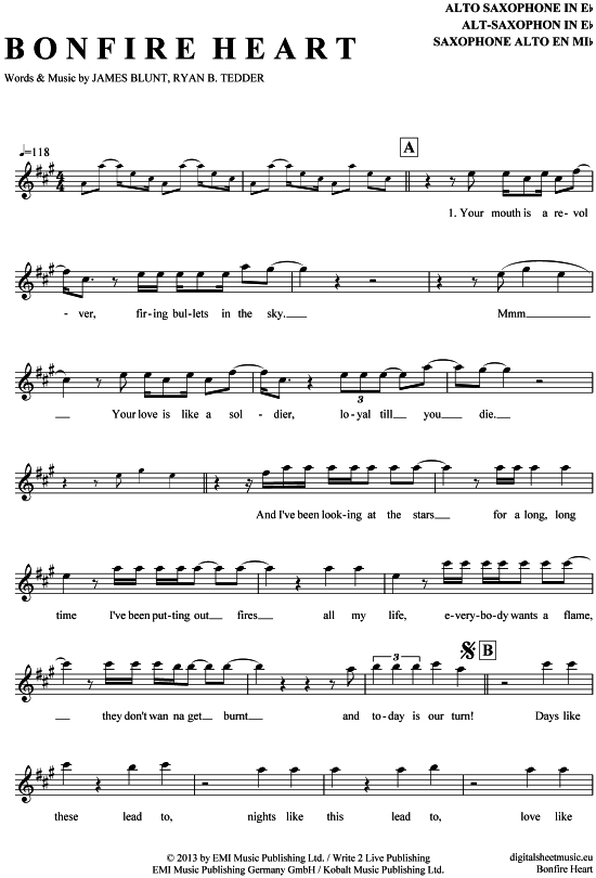Bonfire Heart (Alt-Sax) (Alt Saxophon) von James Blunt