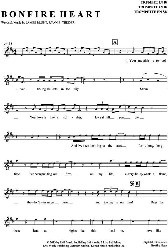 Bonfire Heart (Trompete in B) (Trompete) von James Blunt