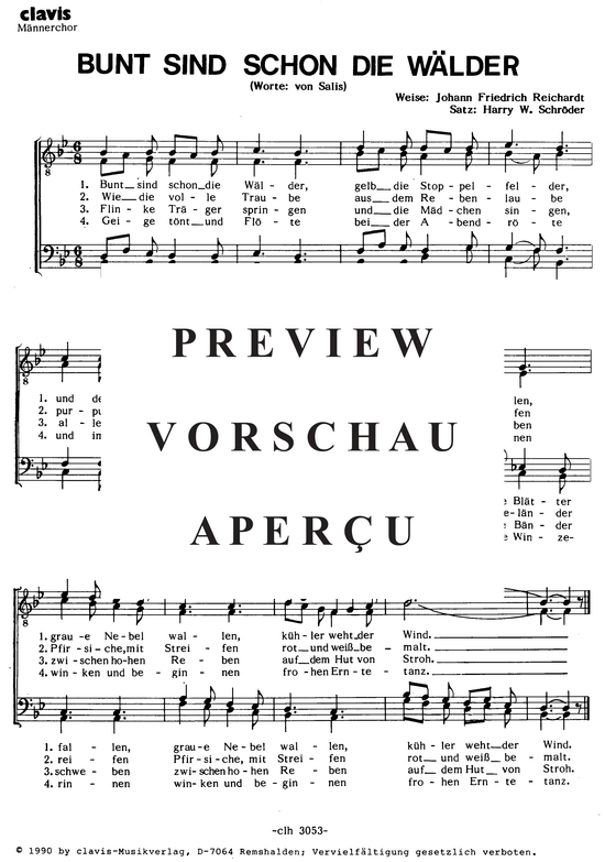 Bunt sind sch ouml n die W auml lder (M auml nnerchor) (M nnerchor) von Johann Friedrich Reichardt (Herbslied)